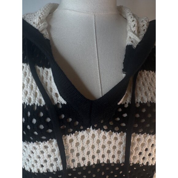 ZARA Medium Black & White Striped Hooded Sweater Cotton - Picture 6 of 12